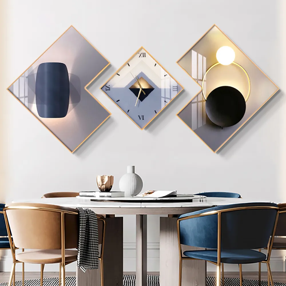 3Pcs Modern Geometric Wall Clock Decor Set Canvas Painting Wall Clocks with Gold Frame