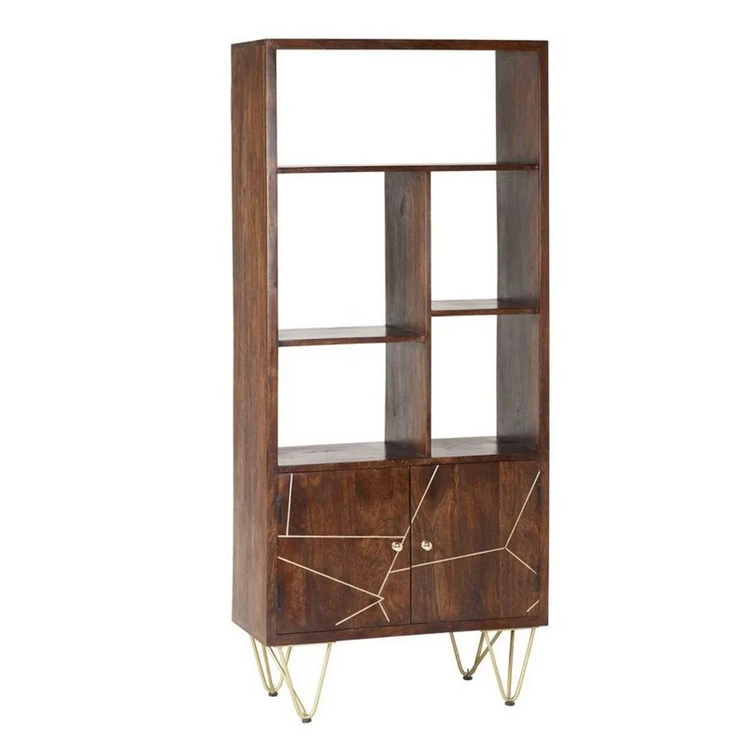 Indian Hub Large Bookcase with 2 Door - Solid Mango Wood - L35 x W80 x H180 cm - Dark Gold in Brown