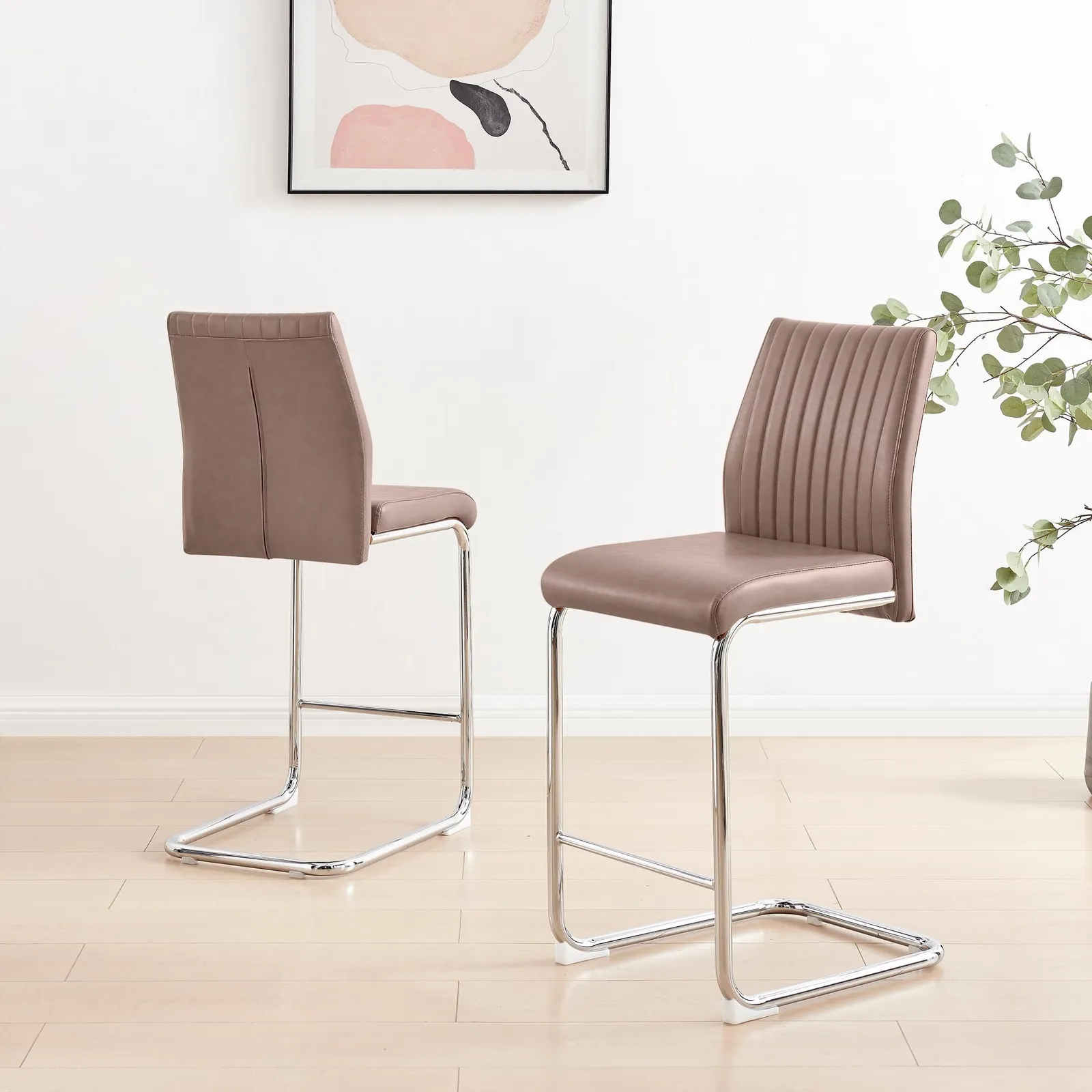 FurnitureboxUK Lorenzo 2x Faux Leather & Silver Counter Stools in Beige 3