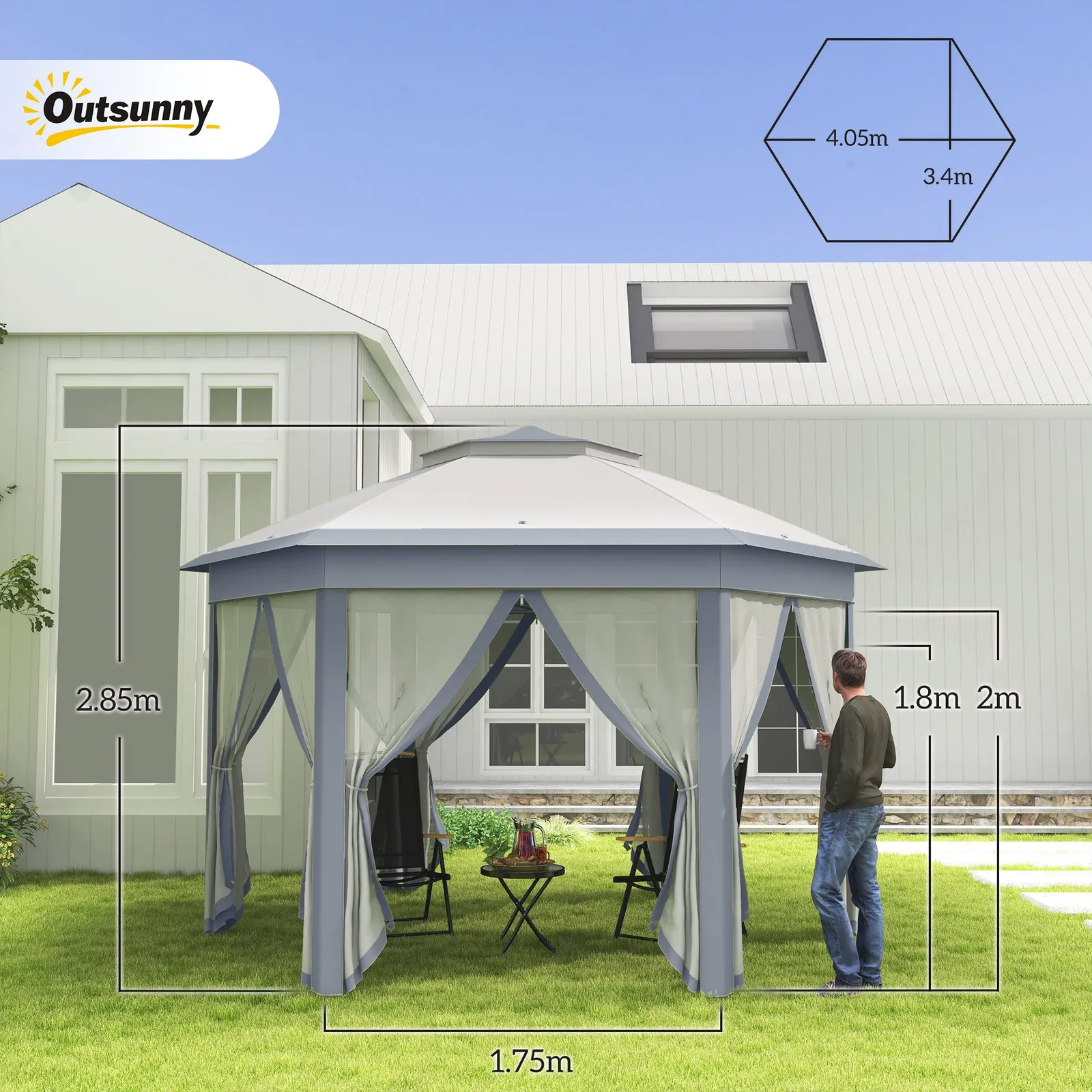OUTSUNNY 3x4m Hexagon Gazebo w/ Metal Frame Mesh Curtains Outdoor Garden in Grey 3