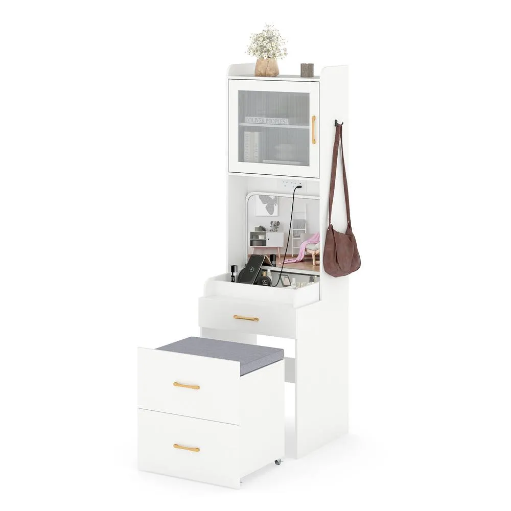 Costway Vanity Desk w/ Flip-up Mirror & Movable Storage Stool Makeup Table in White