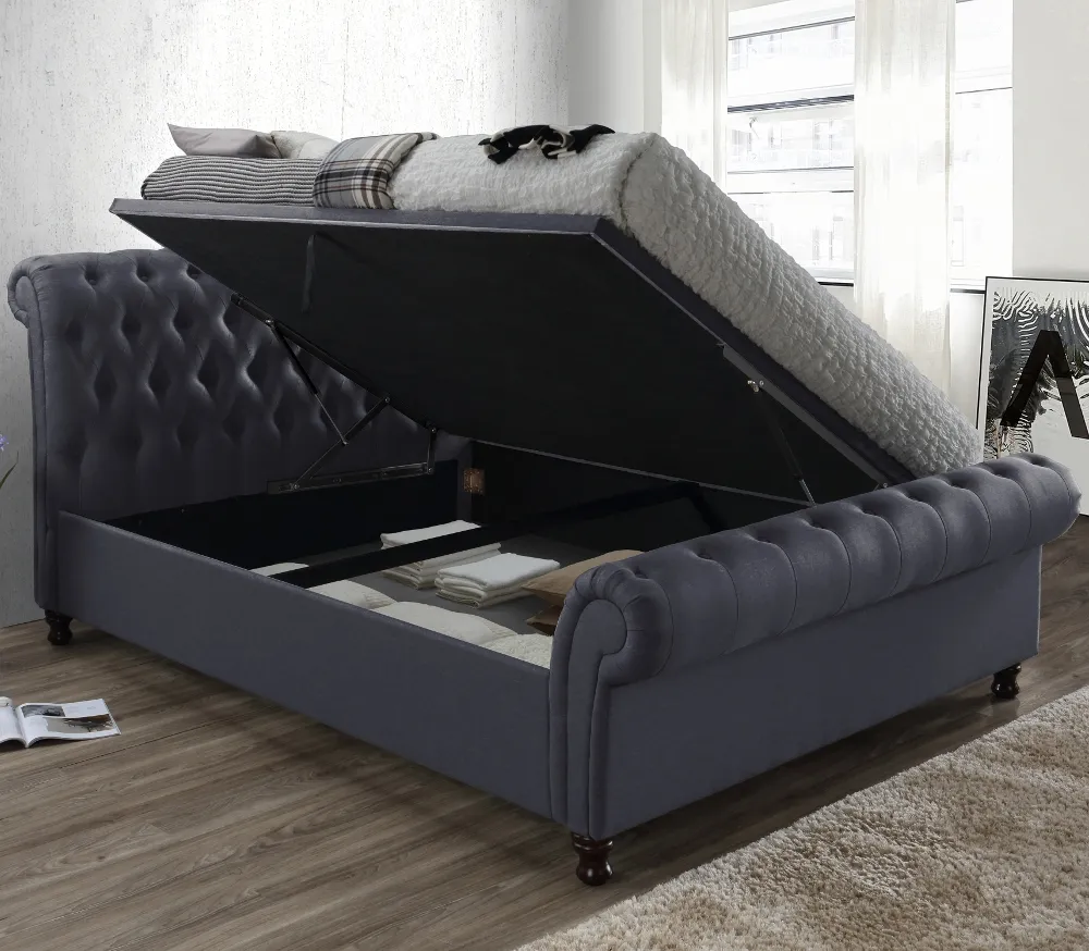 Castello Charcoal Fabric Ottoman Scroll Sleigh Bed - 6ft Super King Size