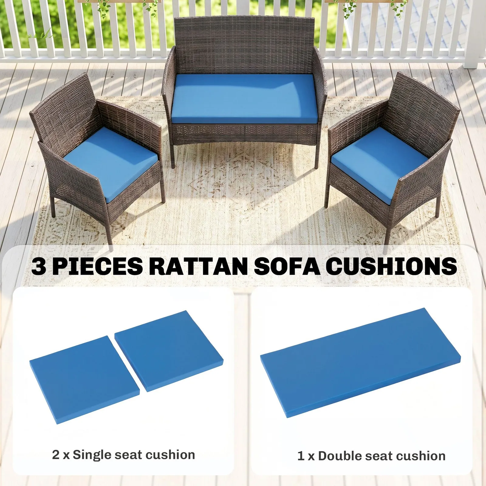 OUTSUNNY 3PCs Rattan Garden Seat Cushions Pads for Patio Furniture Sky Blue in Light Blue 4