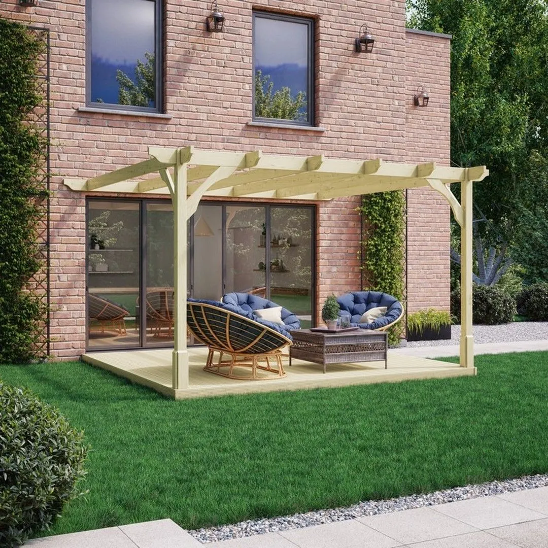 Rutland County Garden Furniture Ltd Premium Wall Mounted Pergola & Decking Kit, L480 x W480 cm, Brown in Green