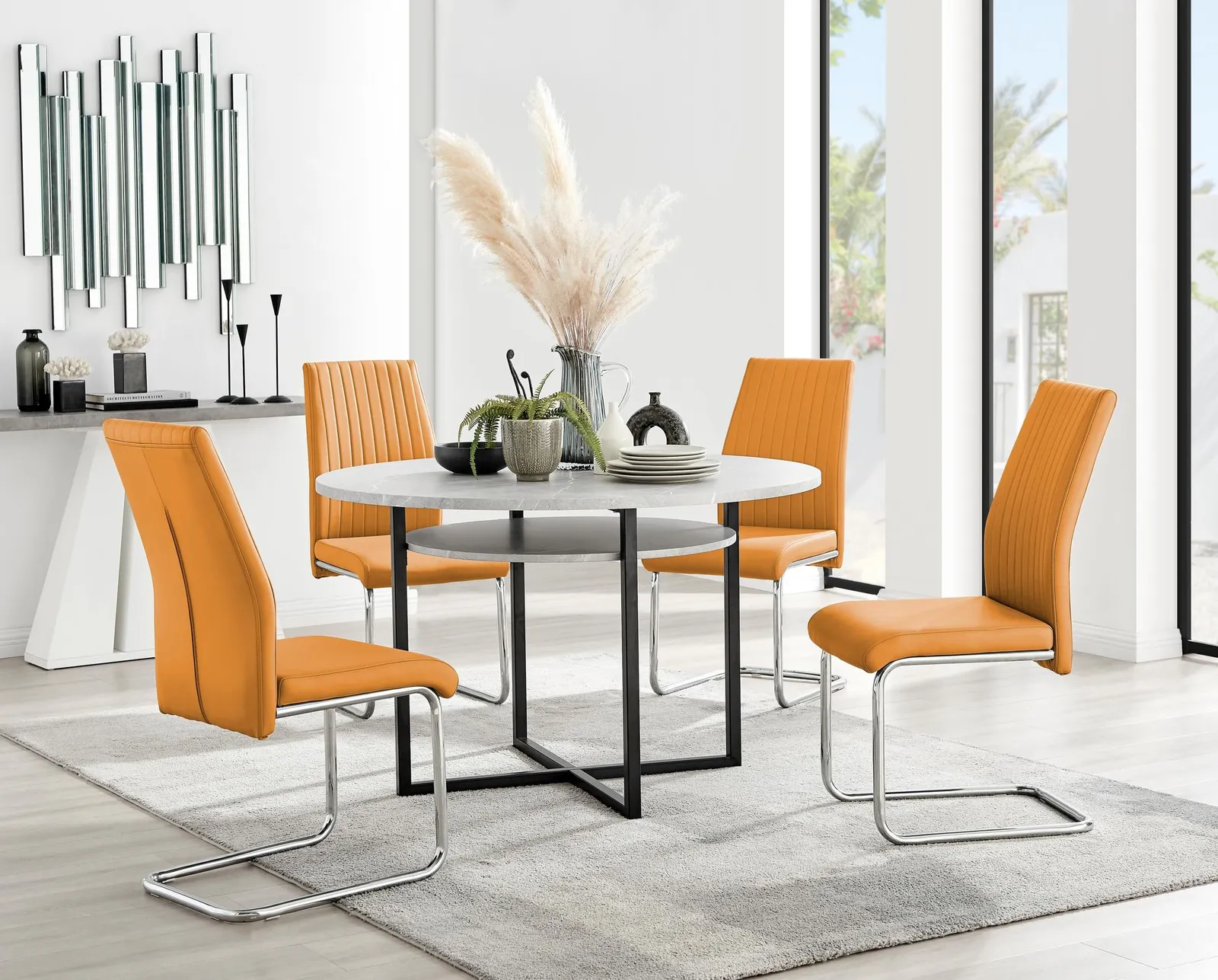 FurnitureboxUK Adley Grey Concrete Effect Round Dining Table & 4 Lorenzo Faux Leather Chairs in Mustard 1