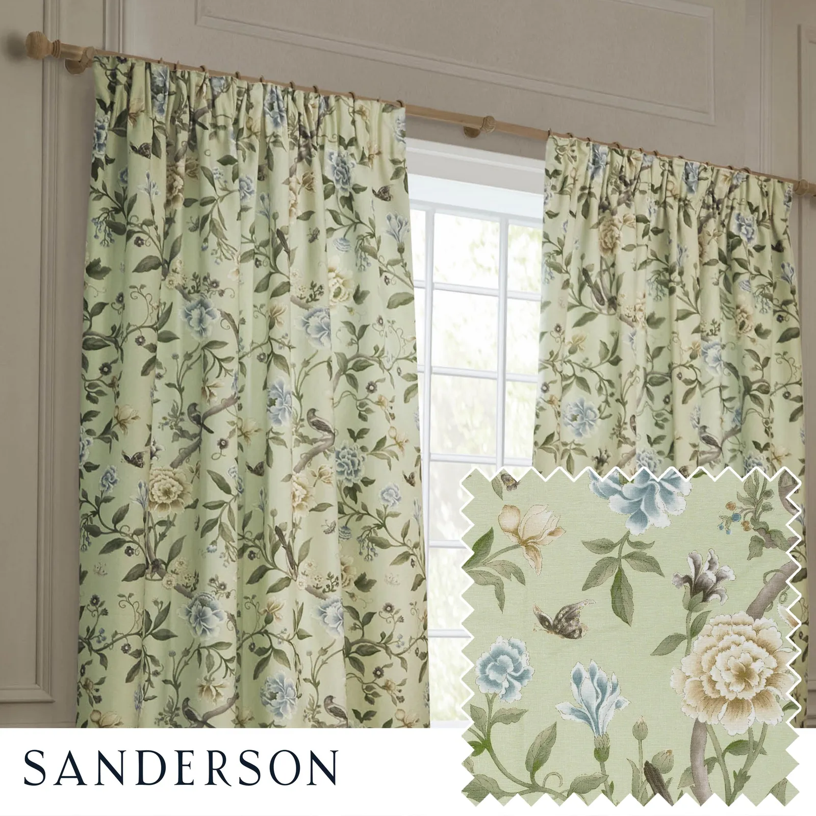 Sanderson Porcelain Garden Printed Chenille Room Darkening Pencil Pleat Curtains in Light Green