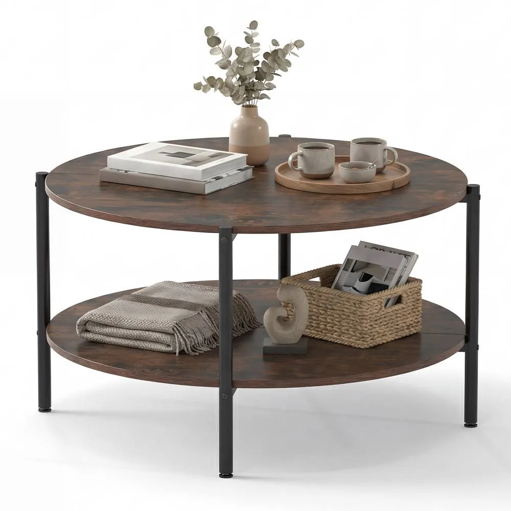 Costway 2-Tier Round Coffee Table Industrial Cocktail Table w/Storage Shelf in Brown