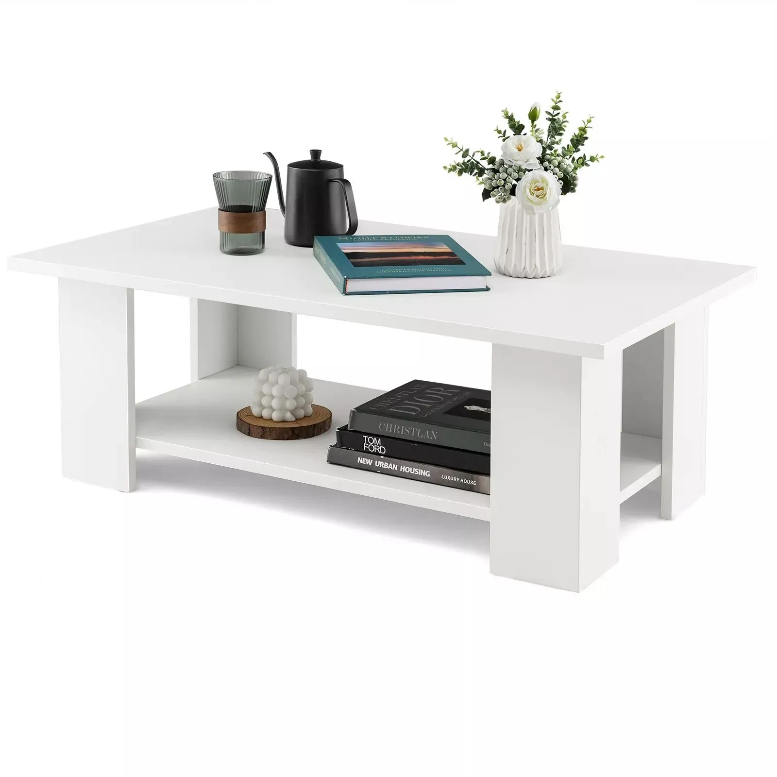 Costway 2-tier Modern Coffee Table Center Cocktail Table Wooden Accent Table in White