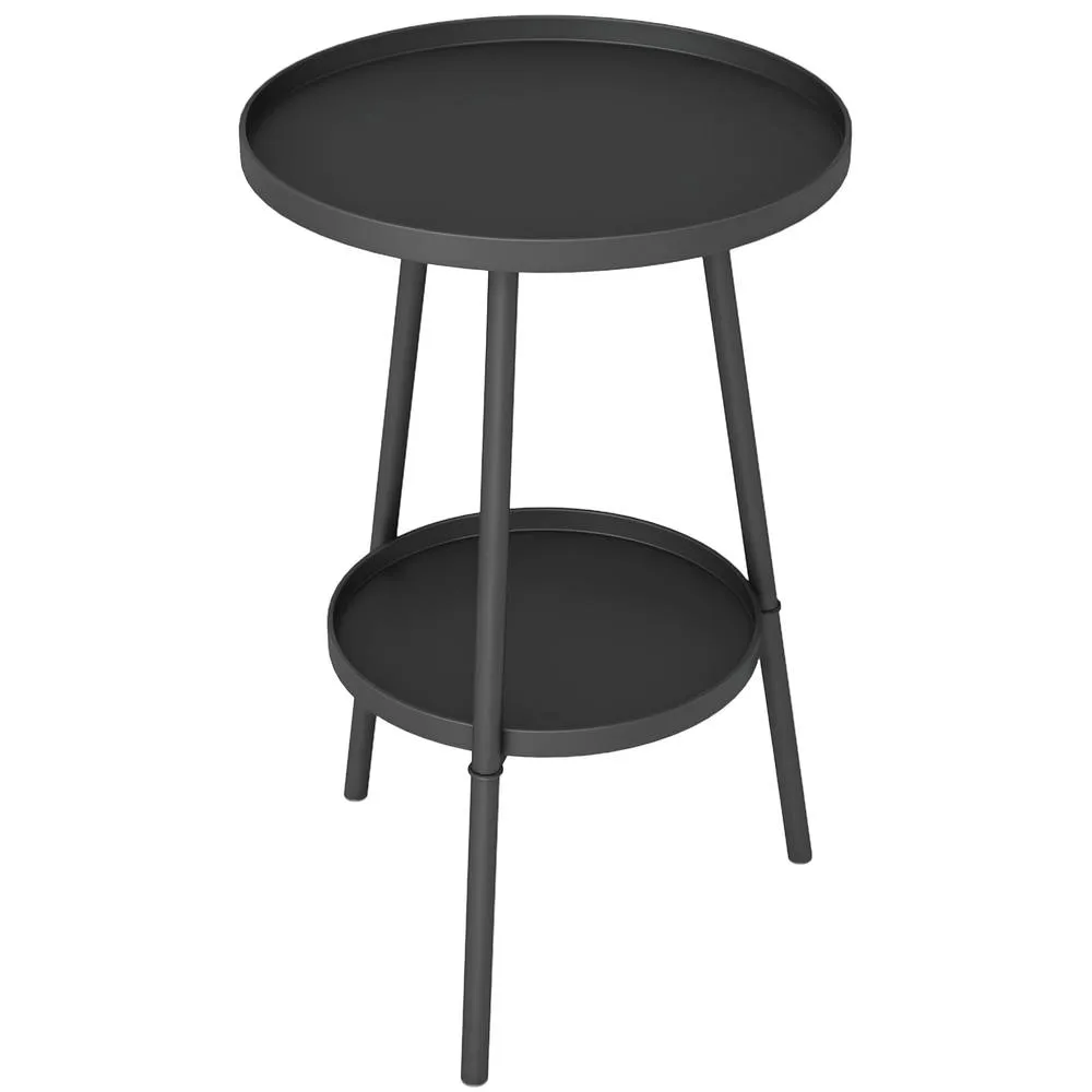 OUTSUNNY Round Garden Table, 2-Tier Metal Patio Table Coffee Table, Black 2