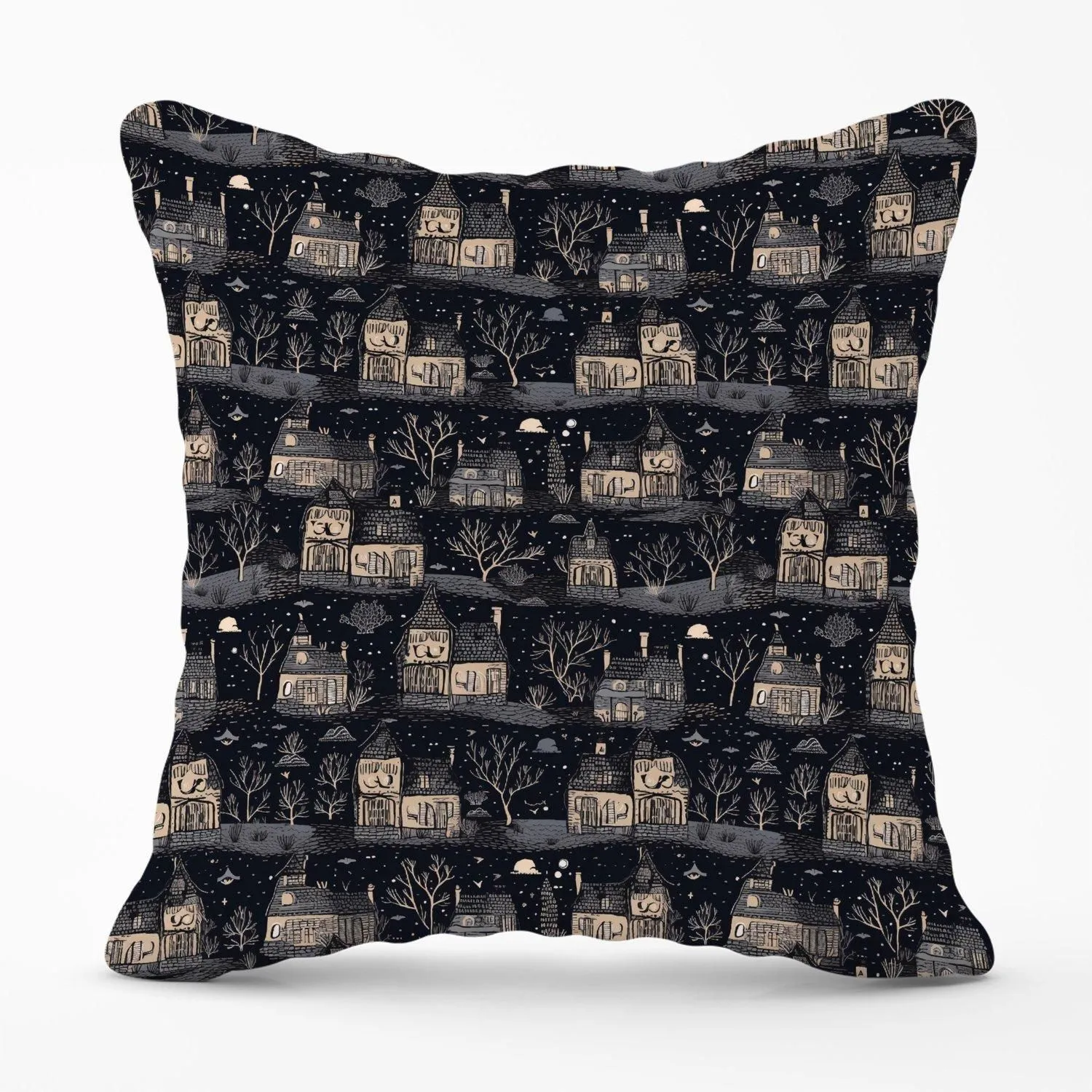Warren Reed - Designer Spooky Haunted Houses Outdoor Cushion in Grey