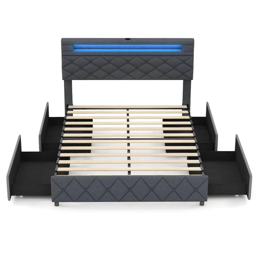 Costway Double Size Bed Frame w/ Led Lights & Charging Station-Grey in Grey