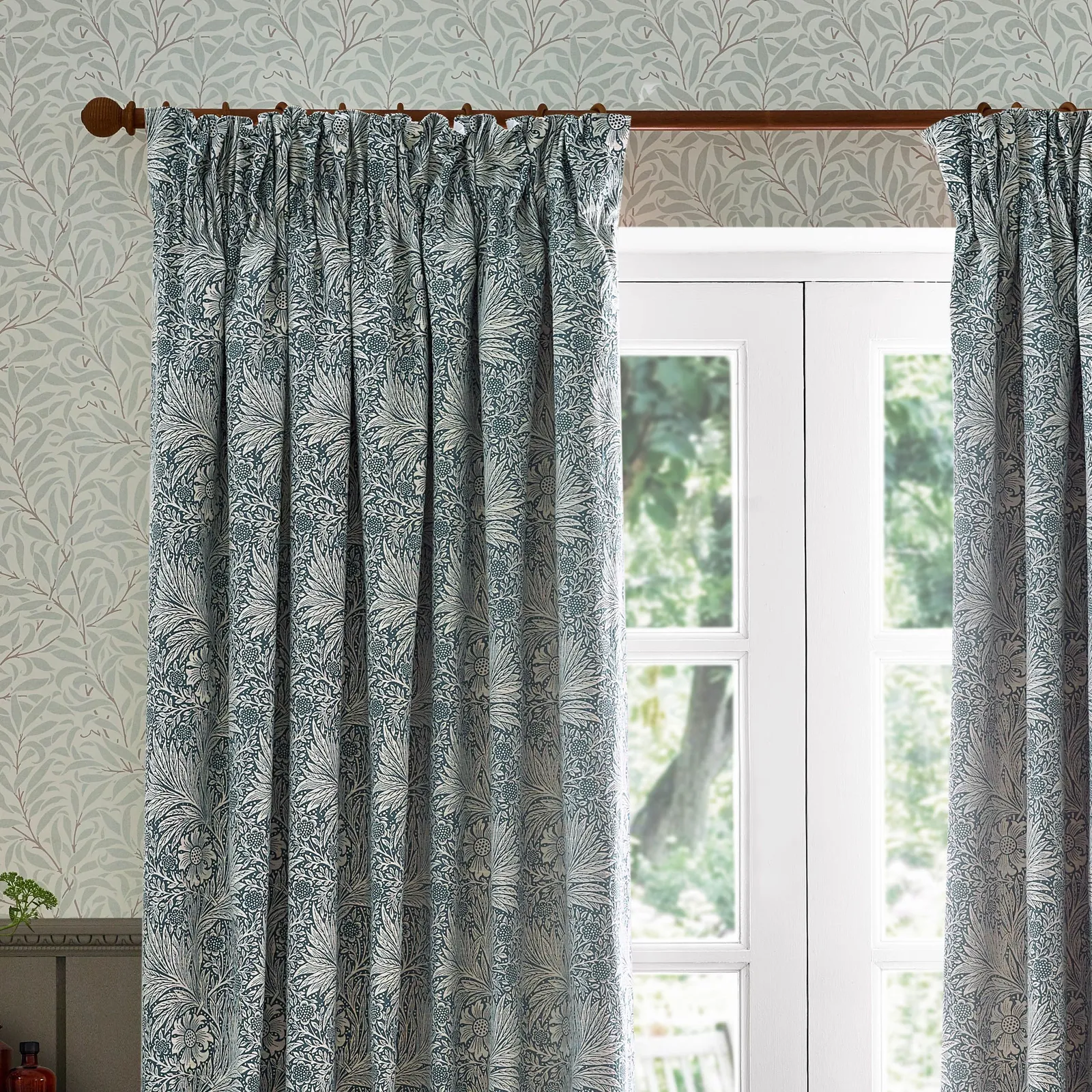 Morris & Co Marigold Jacquard Floral Room Darkening Pencil Pleat Curtains in Indigo 3