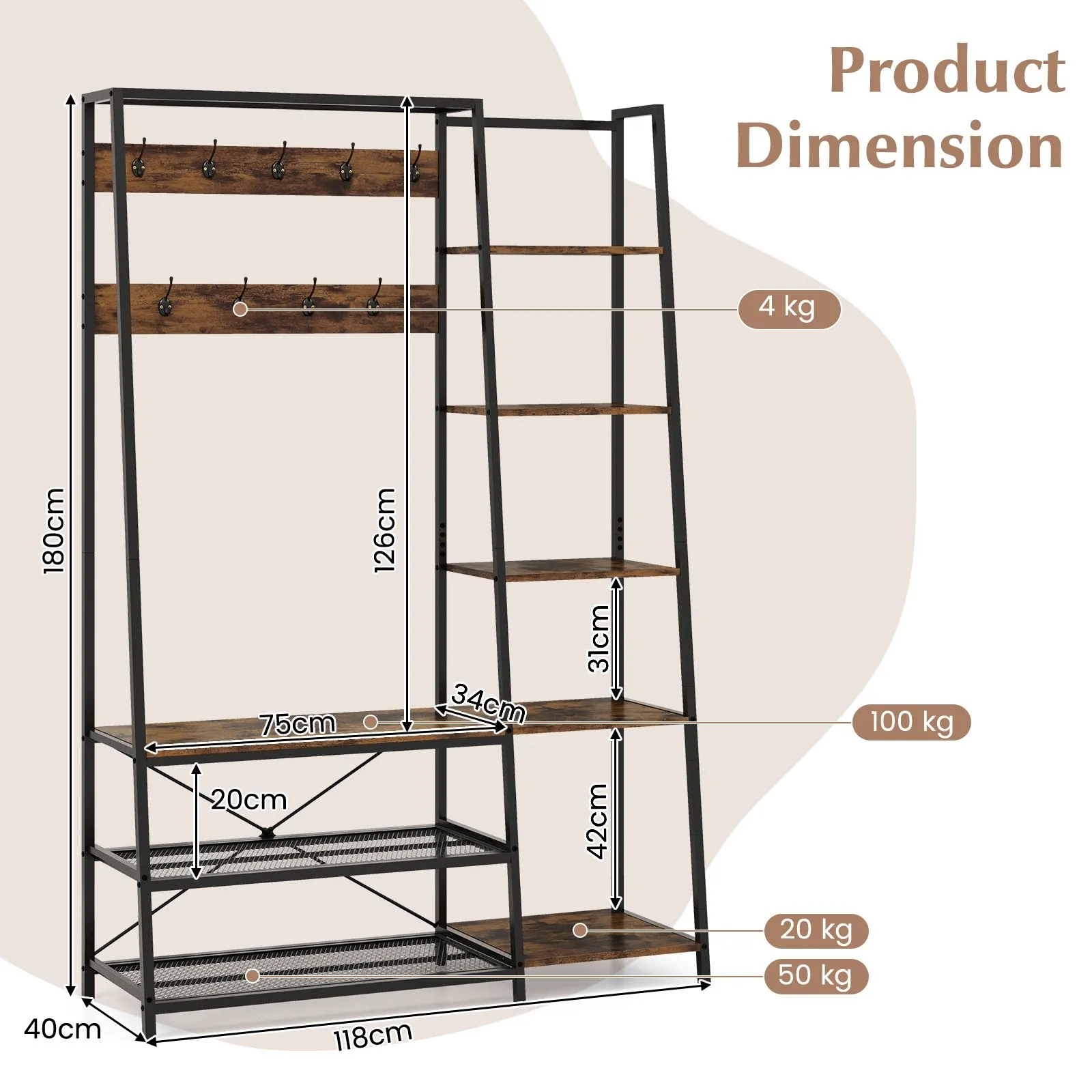 Costway Hall Tree with Storage Bench Industrial Coat Rack Shoe Bench with 9 Hooks in Brown 3