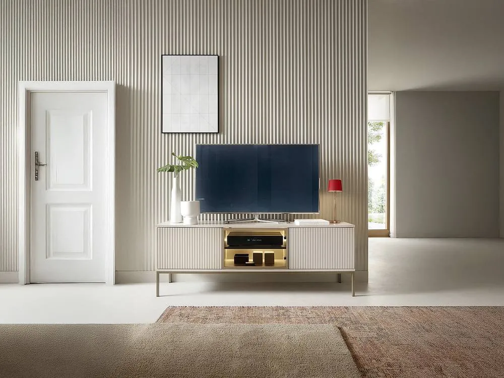 Vente-unique 3 - Door TV Unit With Leds In MDF & Smoked Glass - Beige & Black