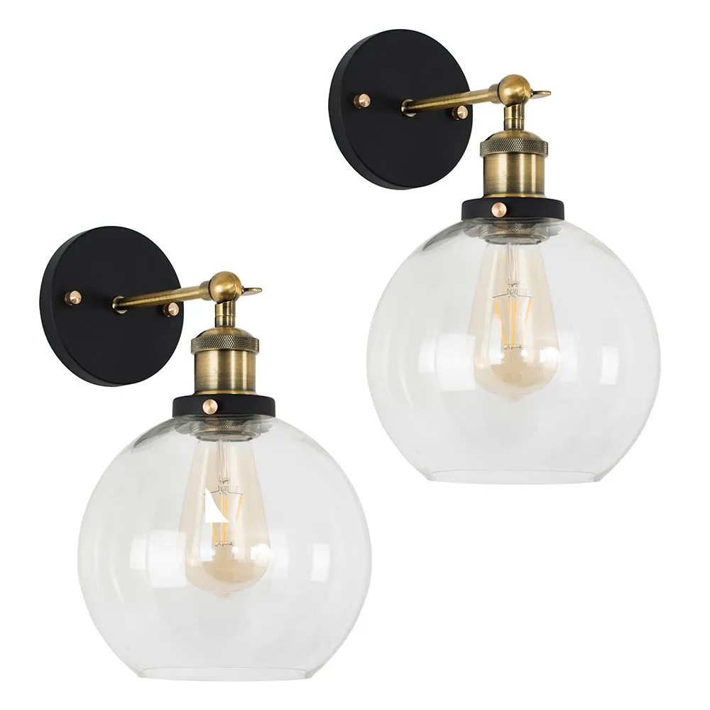 ValueLights Sheridan Pair of Industrial Amber Glass Bowl Gold Trim Black Wall Lights in Clear 3
