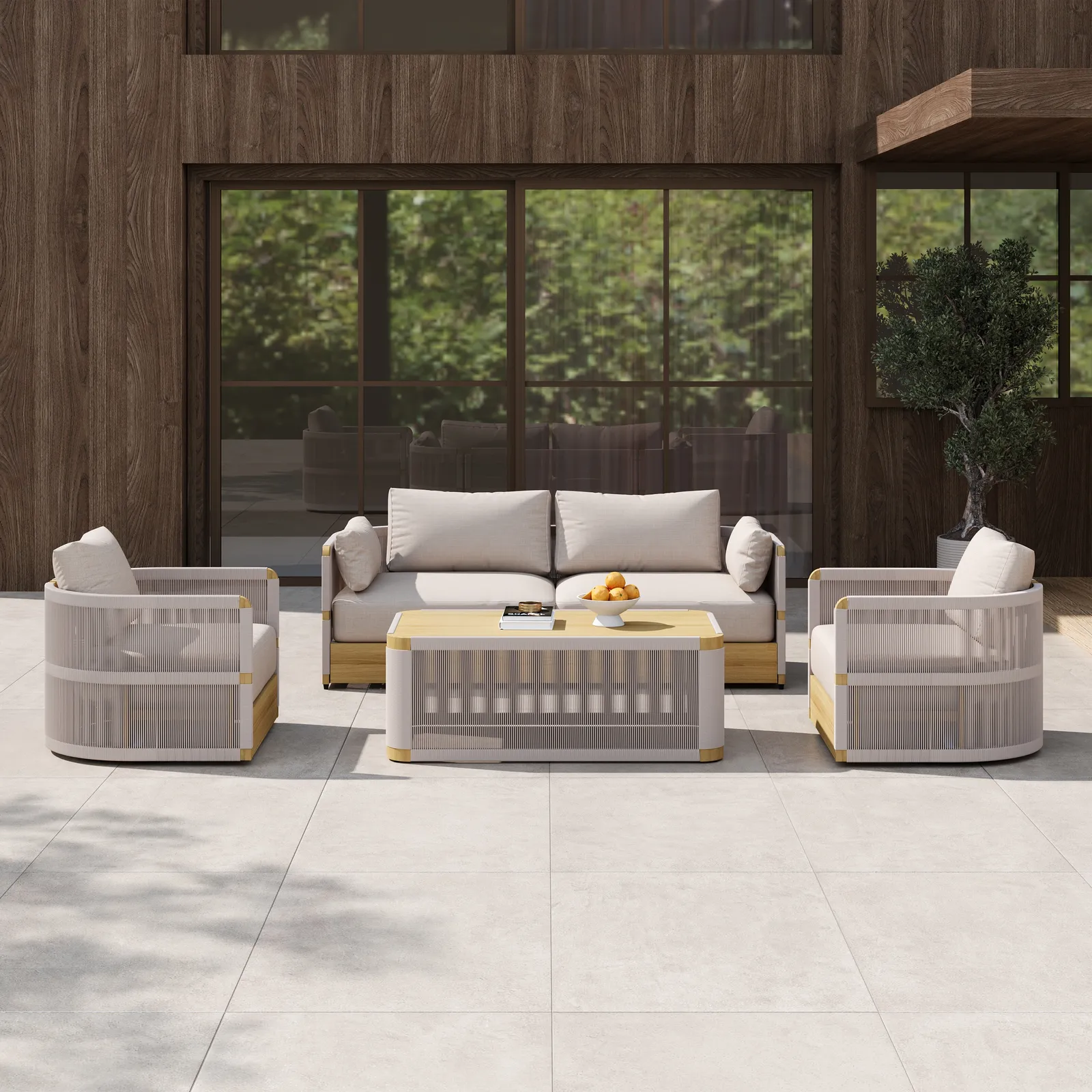 Costra 4-piece Modern Aluminium & Rope Outdoor Swivel Sofa Set with Coffee Table in Khaki for 4 People, Modern Wood Outdoor & Yard Rope Sofa Set