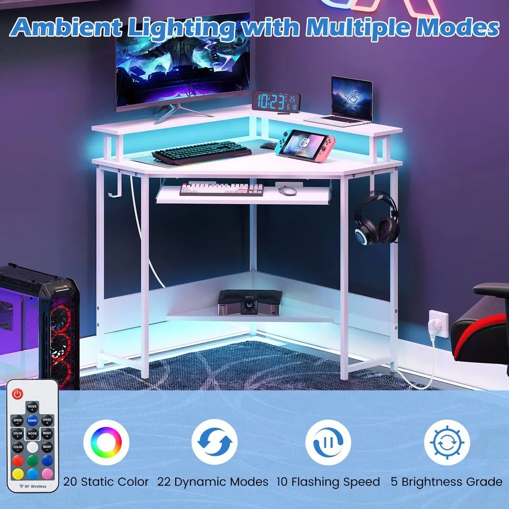Costway Corner Desk Charging Station Home Triangle Gaming Desk LED in White 6