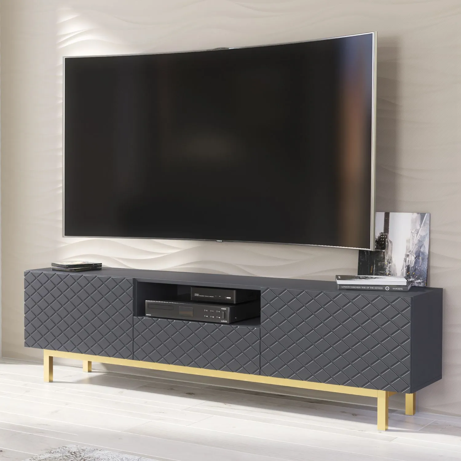 Creative Furniture Diamond Luxe TV Unit 180cm - Luxury Cabinet with Push to Open Storage in Dark Grey 2