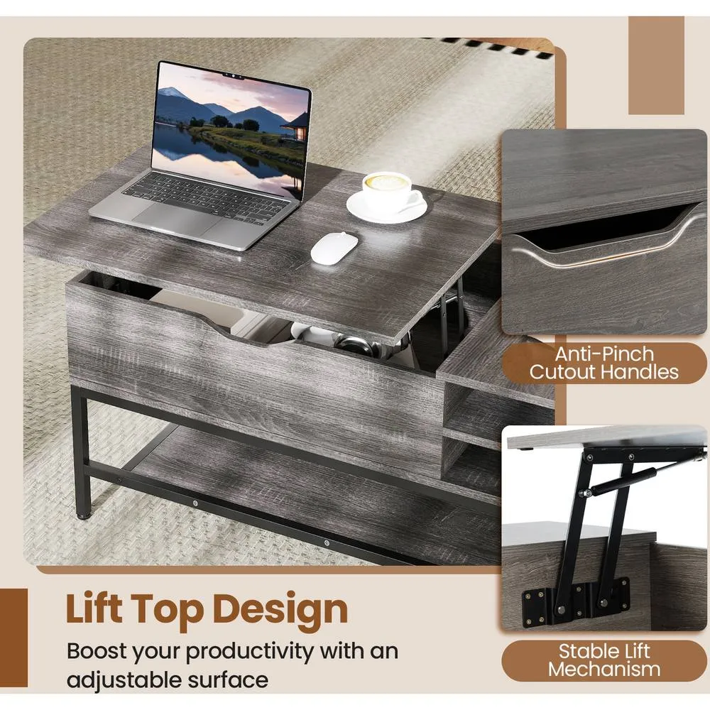 Costway Lift Top Coffee Table Living Room Table w/ Storage Shelf in Grey 2