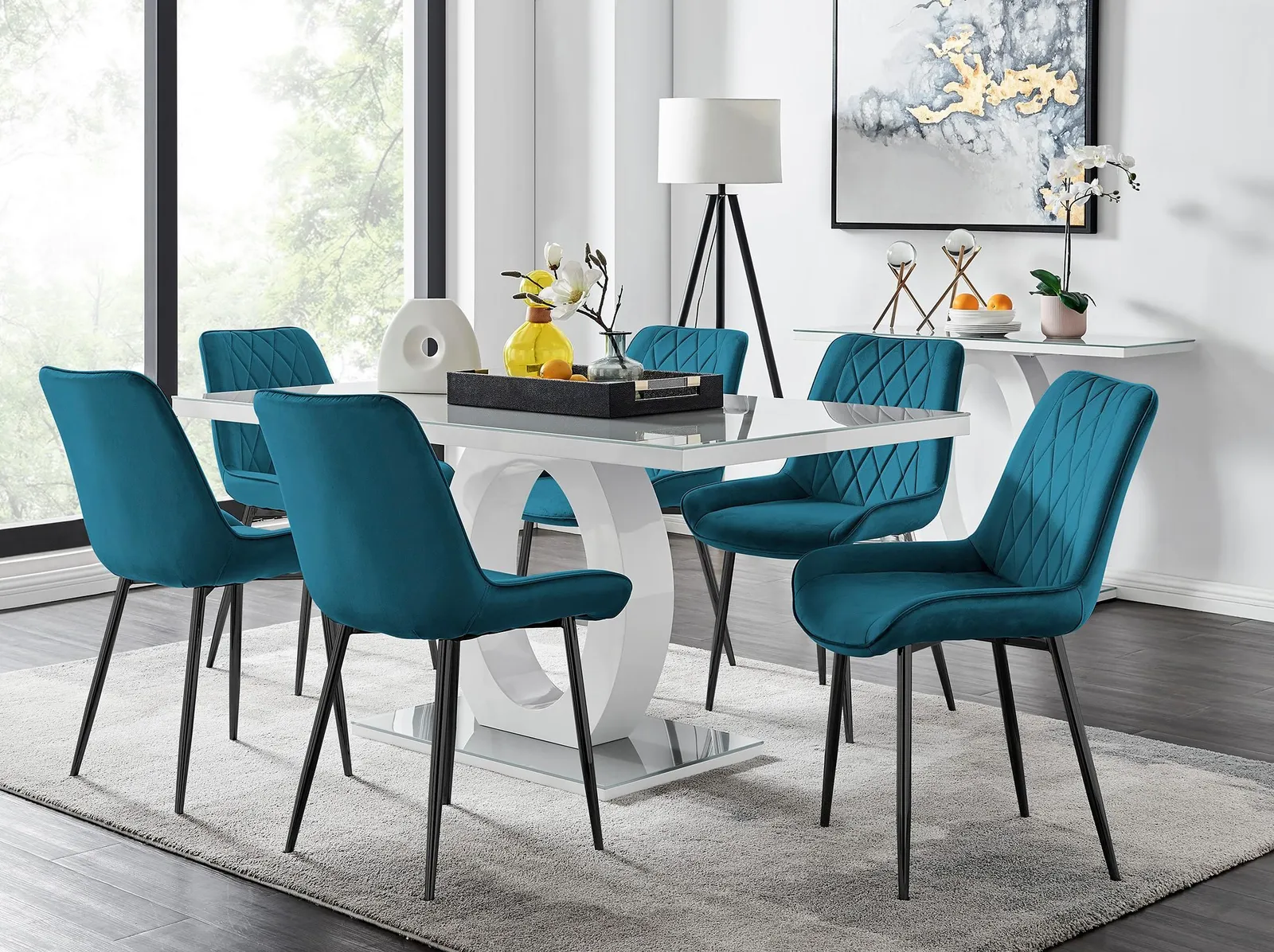 FurnitureboxUK Giovani 6-Seater Grey Glass Dining Table & 6 Pesaro Soft Velvet Dining Chairs in Blue