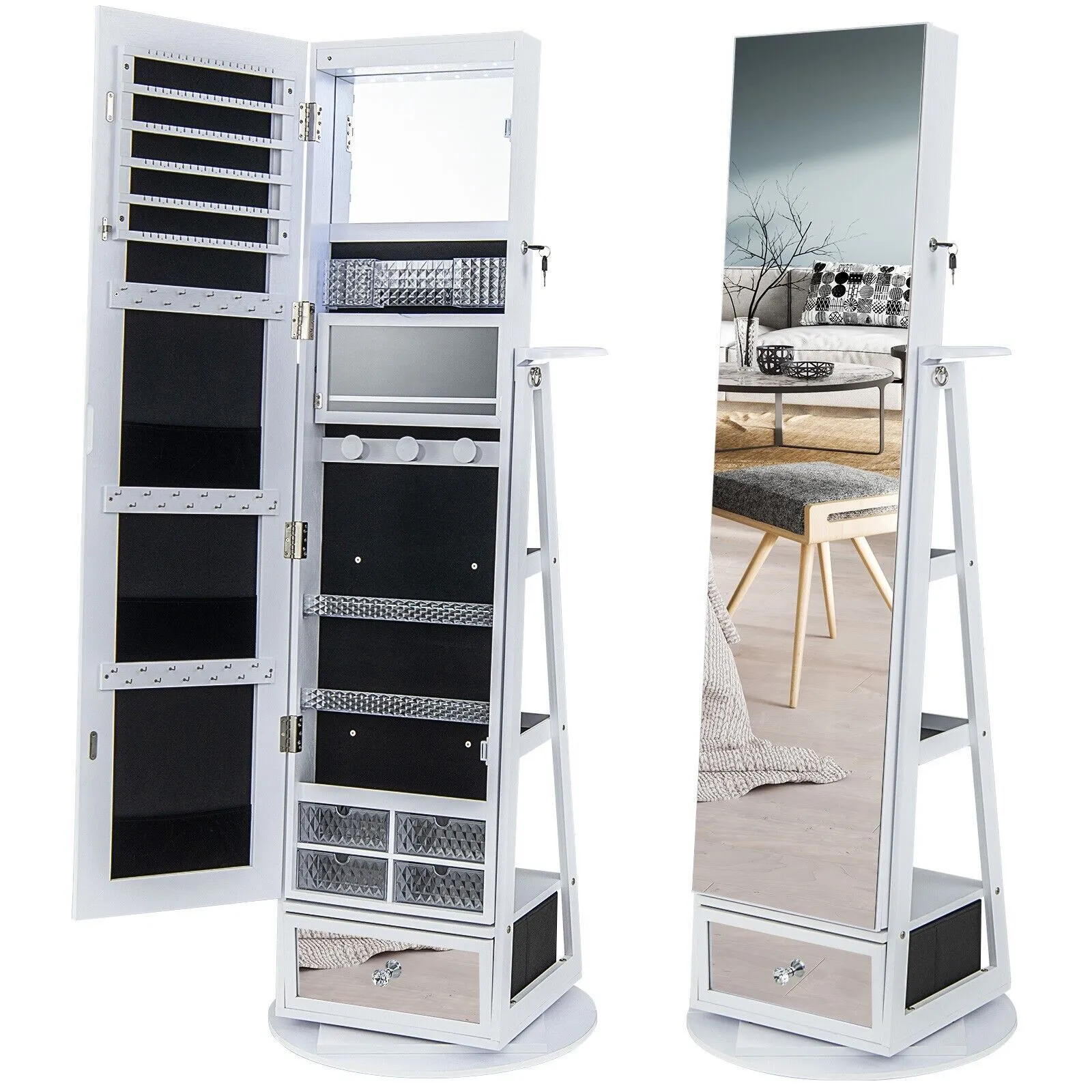 Costway Floor Standing Swivel Jewelry Cabinet Lockable Jewelry Armoire w/ FullLength Mirror &Lights in White 4
