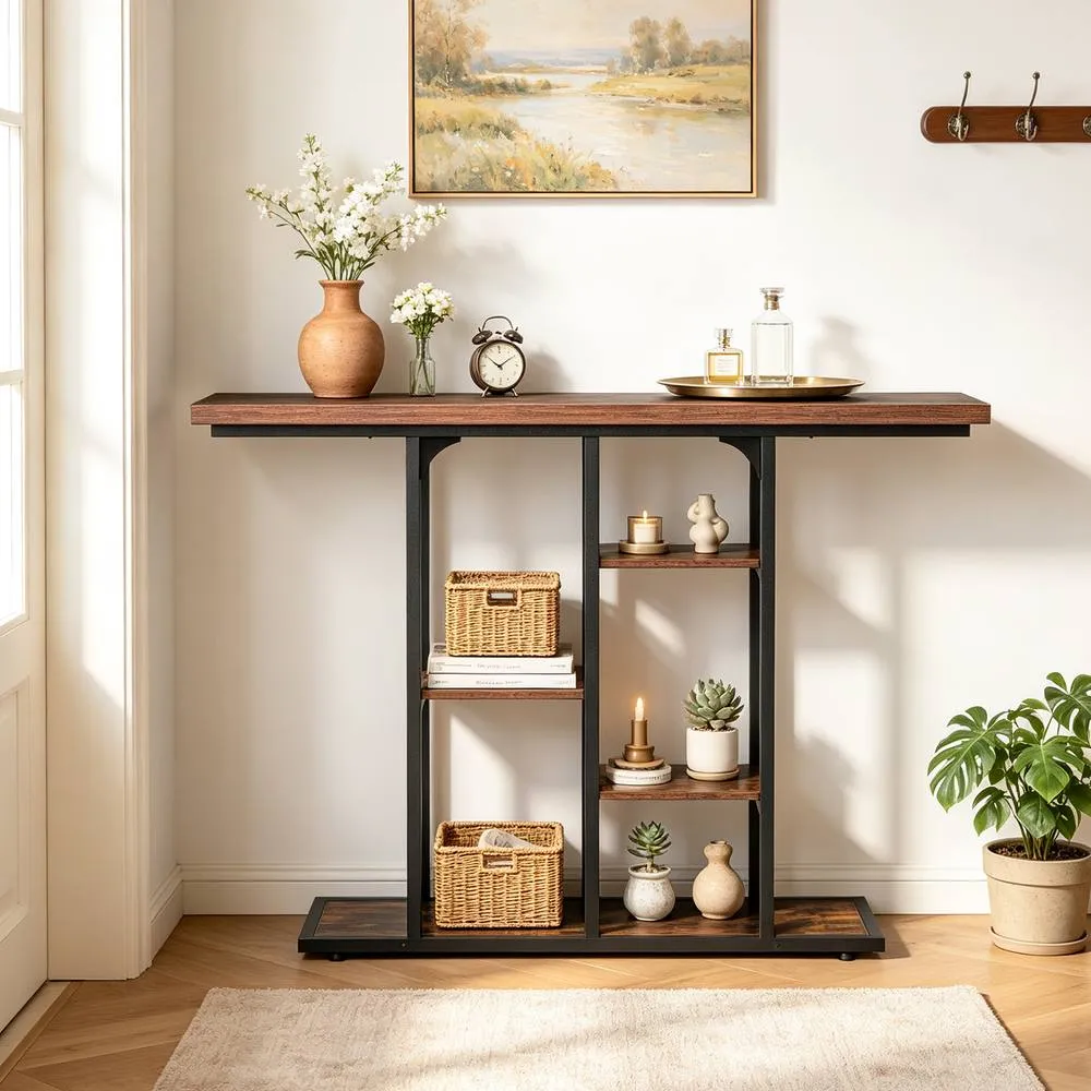 Costway 109 cm Console Table Industrial Narrow Entrance Table with Shelves in Brown 3