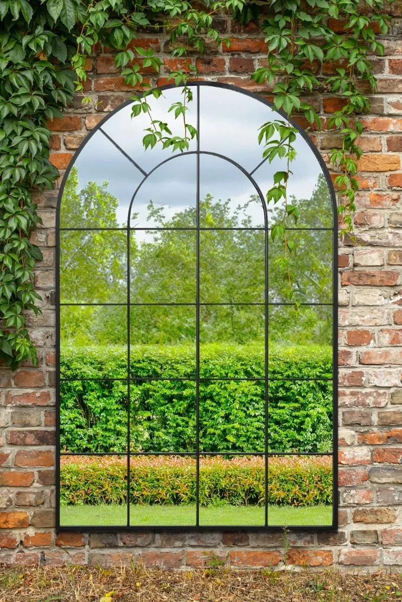 MirrorOutlet Black Framed Arched Window Garden Mirror 75" X 47" 190 x 120CM