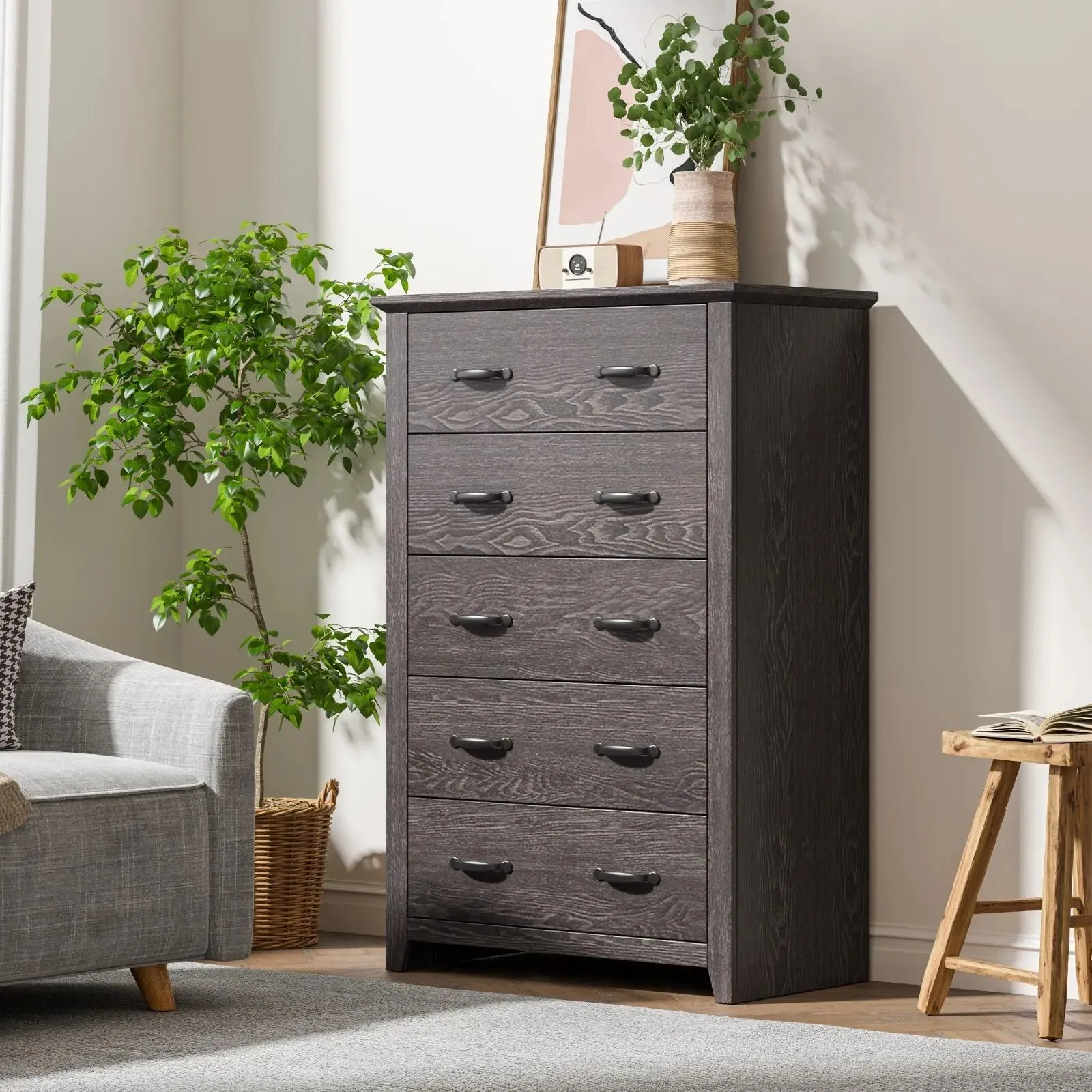 Costway 5 Drawer Dresser Vertical Chest of Drawers Wooden Storage Dresser Organizer in Grey 3