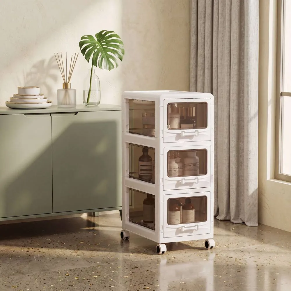 Costway 3-Tier Plastic Drawer Storage Organizer Rolling Cart Utility Cart in White 3