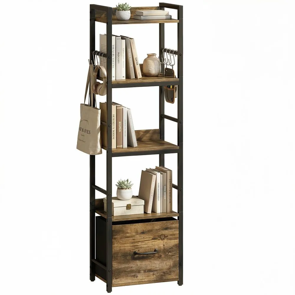 HOMCOM 4-Tier Bookshelf, Shelving Unit with Drawer, 8 Hooks in Brown 2