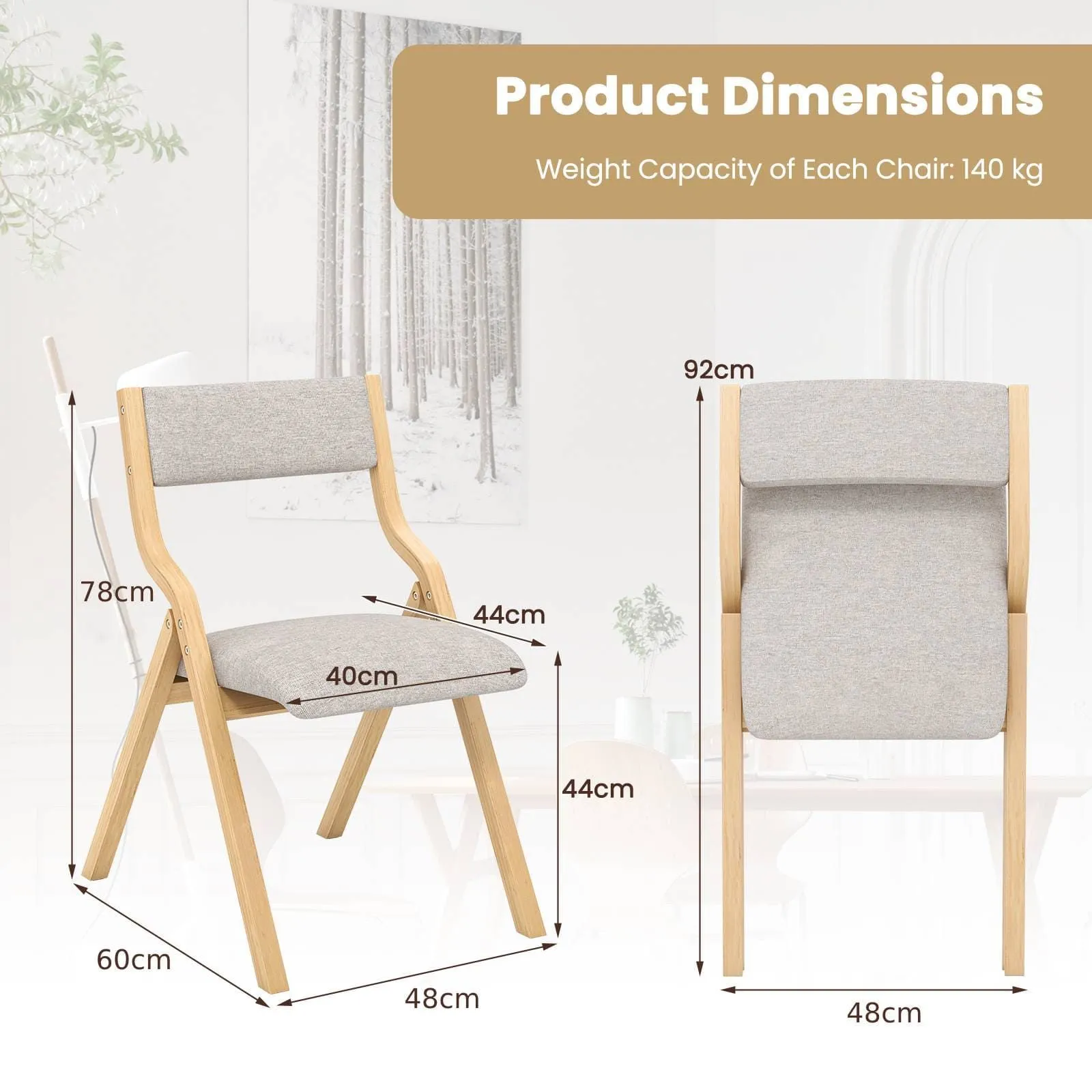 Costway Folding Dining Chair Set of 2 Wooden Upholstered Dining Chairs in Grey 2