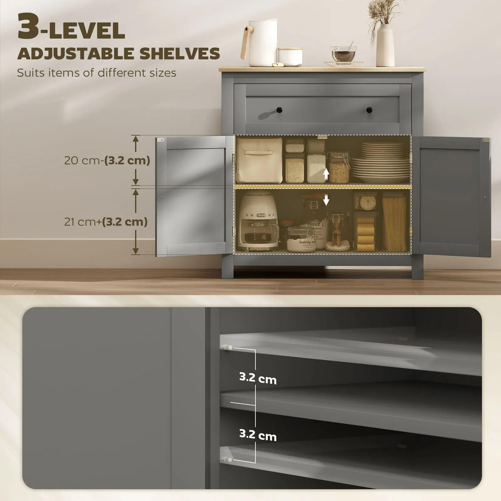 HOMCOM Sideboard Storage Cabinet with Adjustable Shelf, Drawer in Grey 6