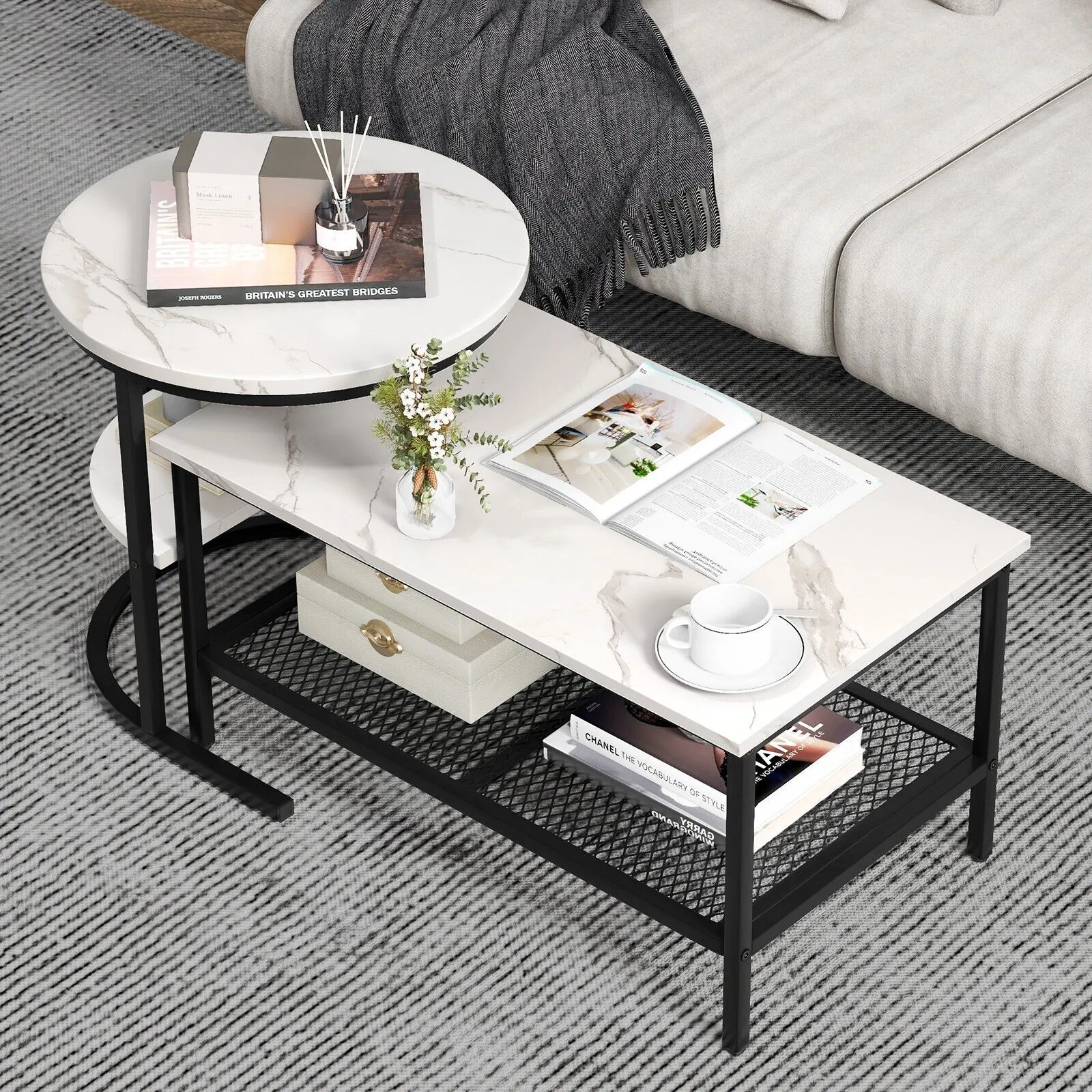 Costway Set of 2 Coffee Nesting Table Set Detachable 2-Tier Sofa Side Table Faux Marble Tabletop in Black 3