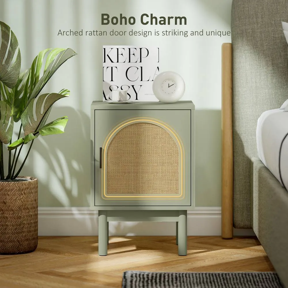 HOMCOM Rattan Bedside Tables Boho Nightstands w/ Cabinet Set of 2 Green in Light Green 5