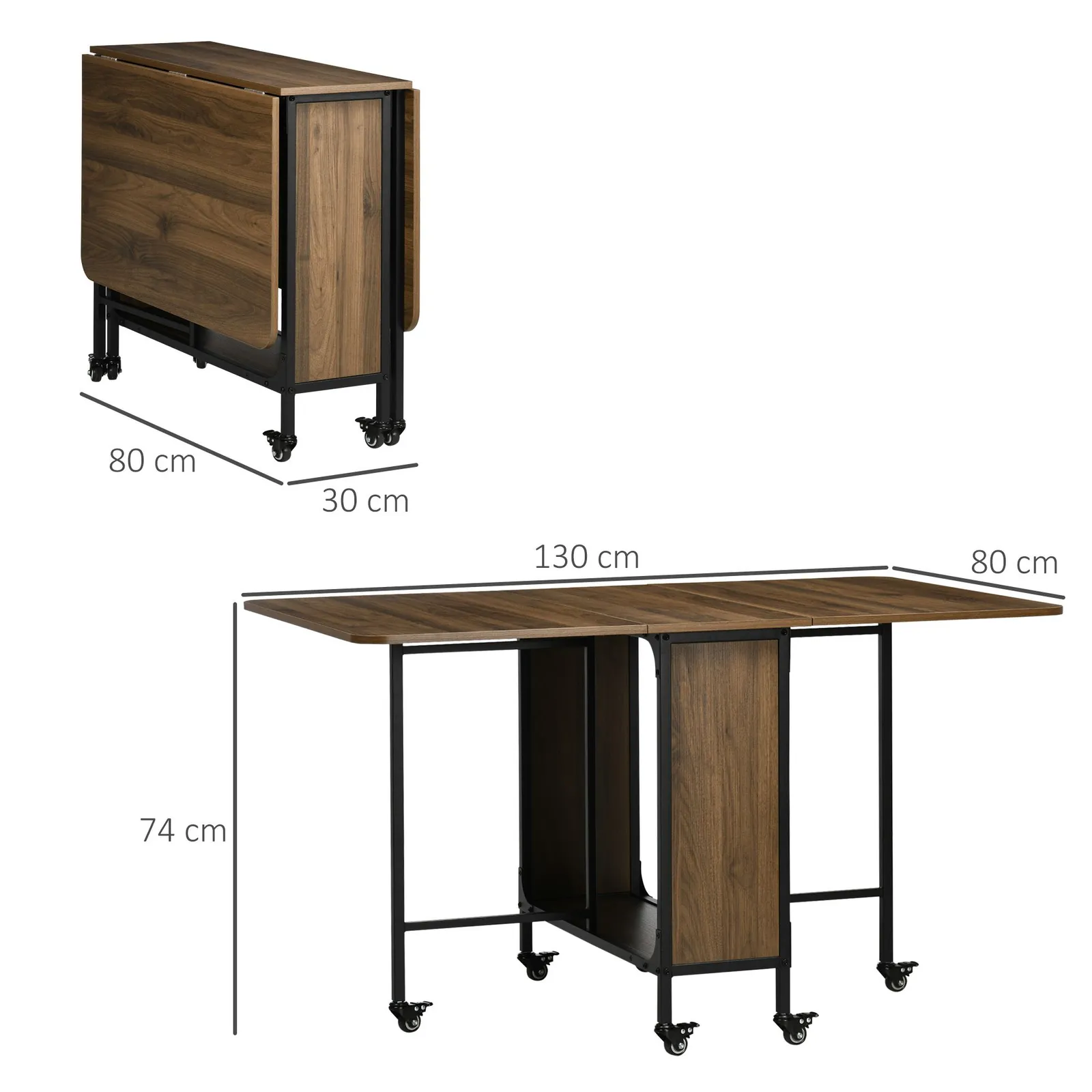 HOMCOM Mobile Drop Leaf Dining Table on Wheels with Shelf Brown in Light Brown 3