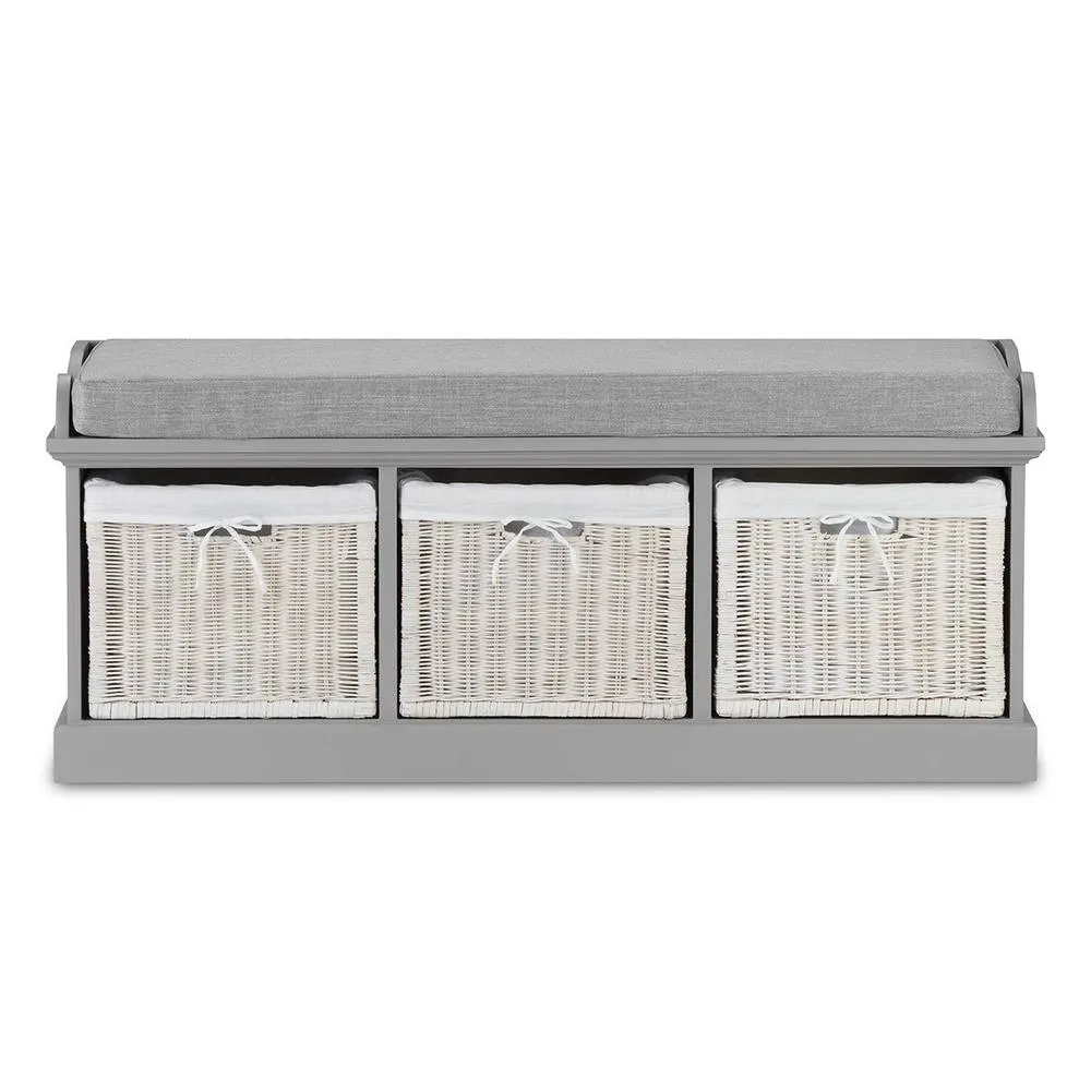 Statement Furniture Tetbury Bench with 3 White Wicker Baskets & Grey Cushion in Light Grey 5