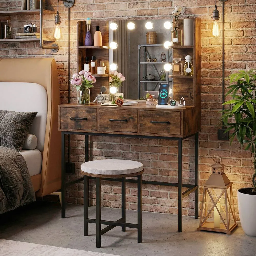 Costway Vanity Desk w/Mirror & Lights Makeup Table & Stool Set w/Power Outlets in Brown 3