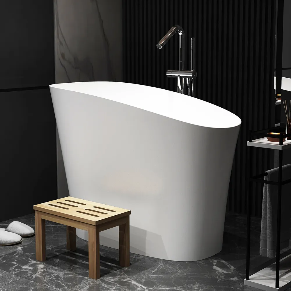 120 cm Japanese Irregular Freestanding Bathtub Stone Resin Oblique Deep Matte White Soaking Tub – with Built-in Seat and Bonus Wooden Side Stool