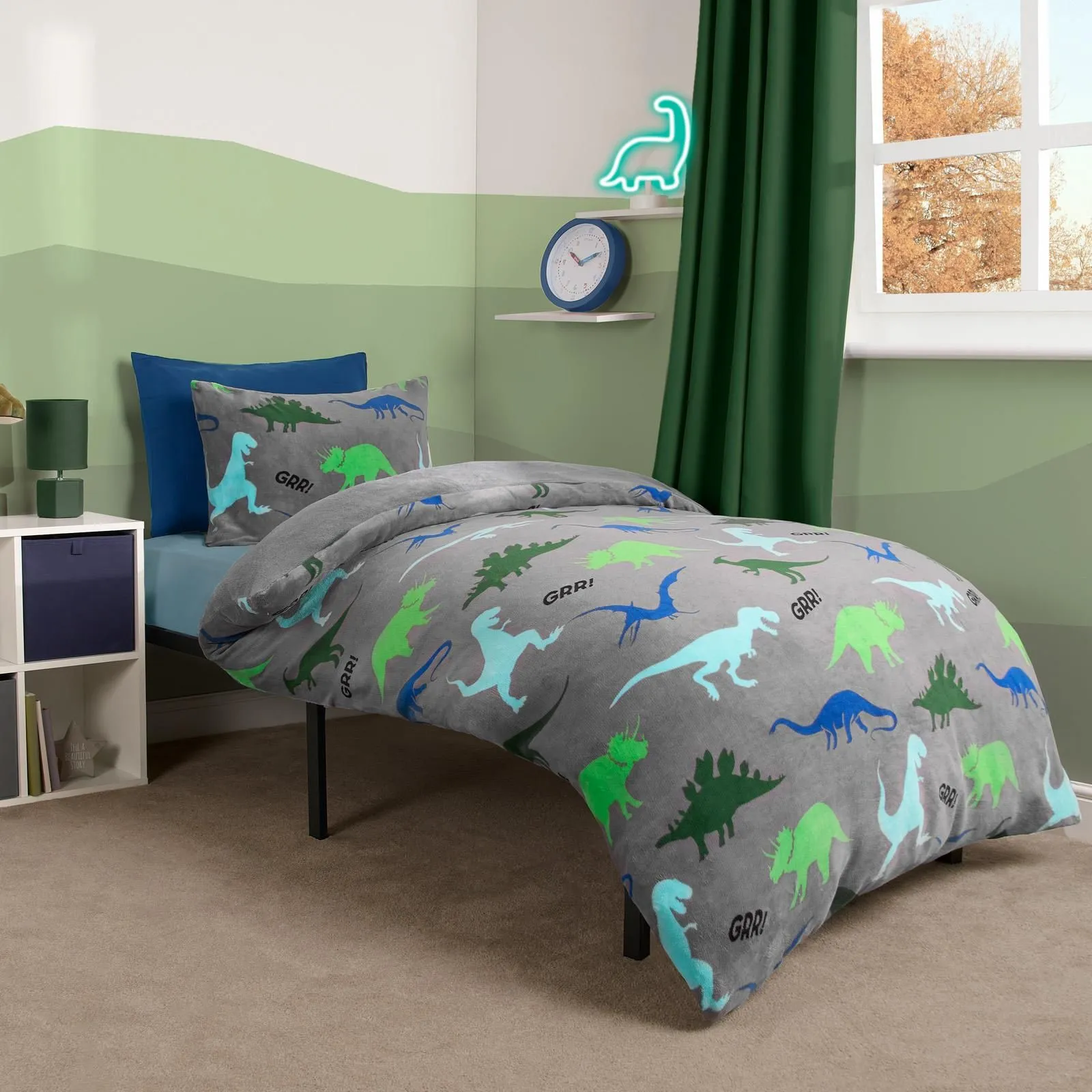 OHS Dino Fleece Duvet Cover Set Grey Bedding Quilt Warm Thermal Soft