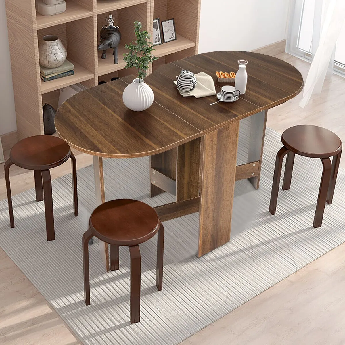 Costway 3in1 Folding Dining Coffee Table Drop Leaf Table Writing Desk for 4 to 6 People in Brown 2