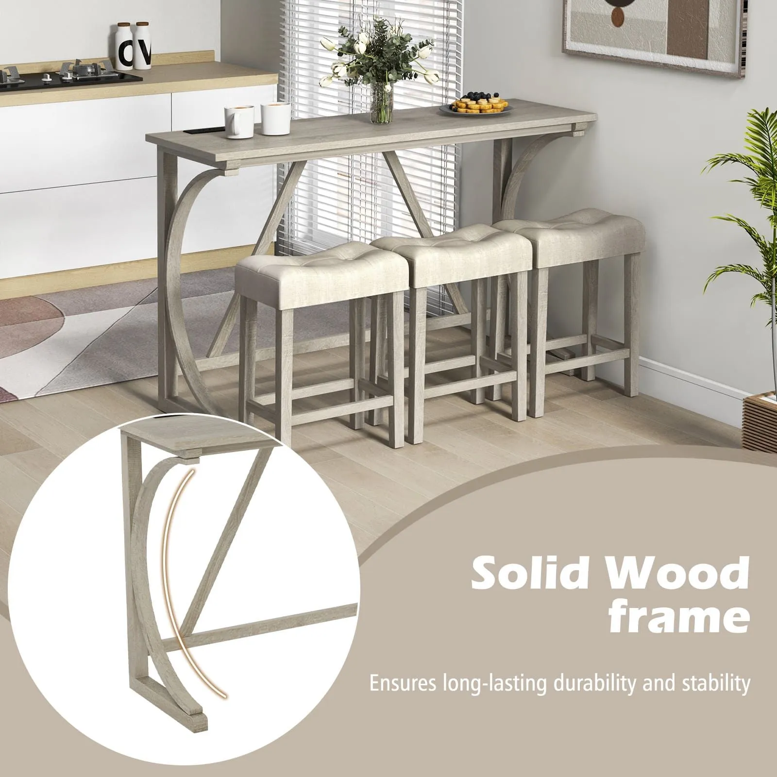 Costway 4-Piece Bar Table Set Counter Height Bistro Table w/ Power Outlet in Grey 5