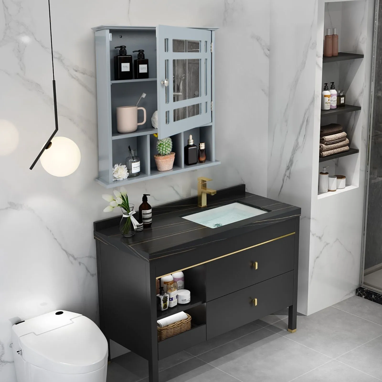Costway Bathroom Wall Storage Cabinet Wooden Hanging Medicine Organizer W/ Mirror in Grey 4