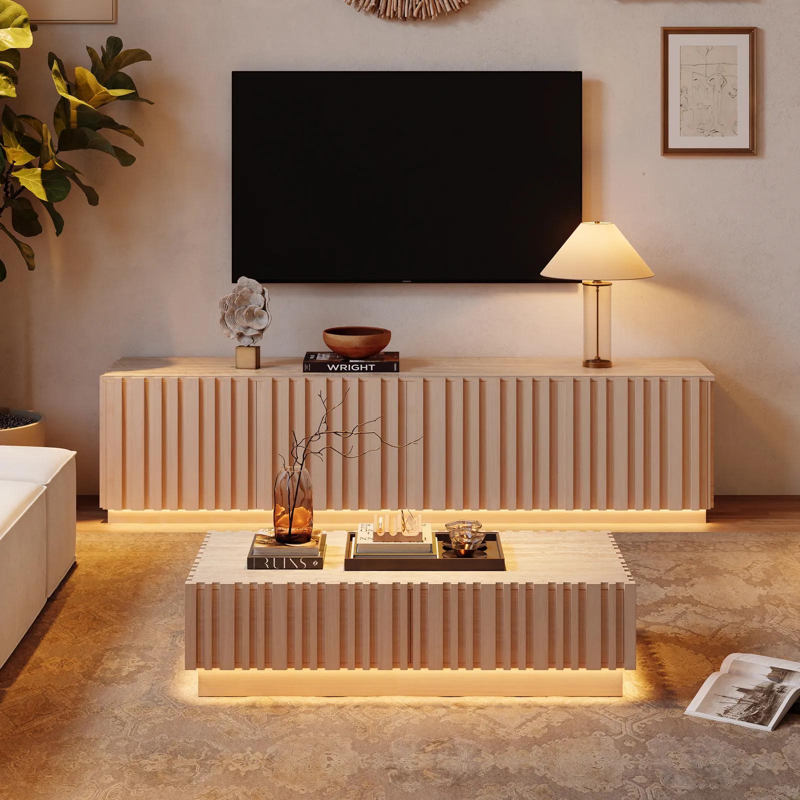 Aura TV Stand Set of Ash Wood Slatted TV Stand & Coffee Table with Sintered Stone Top