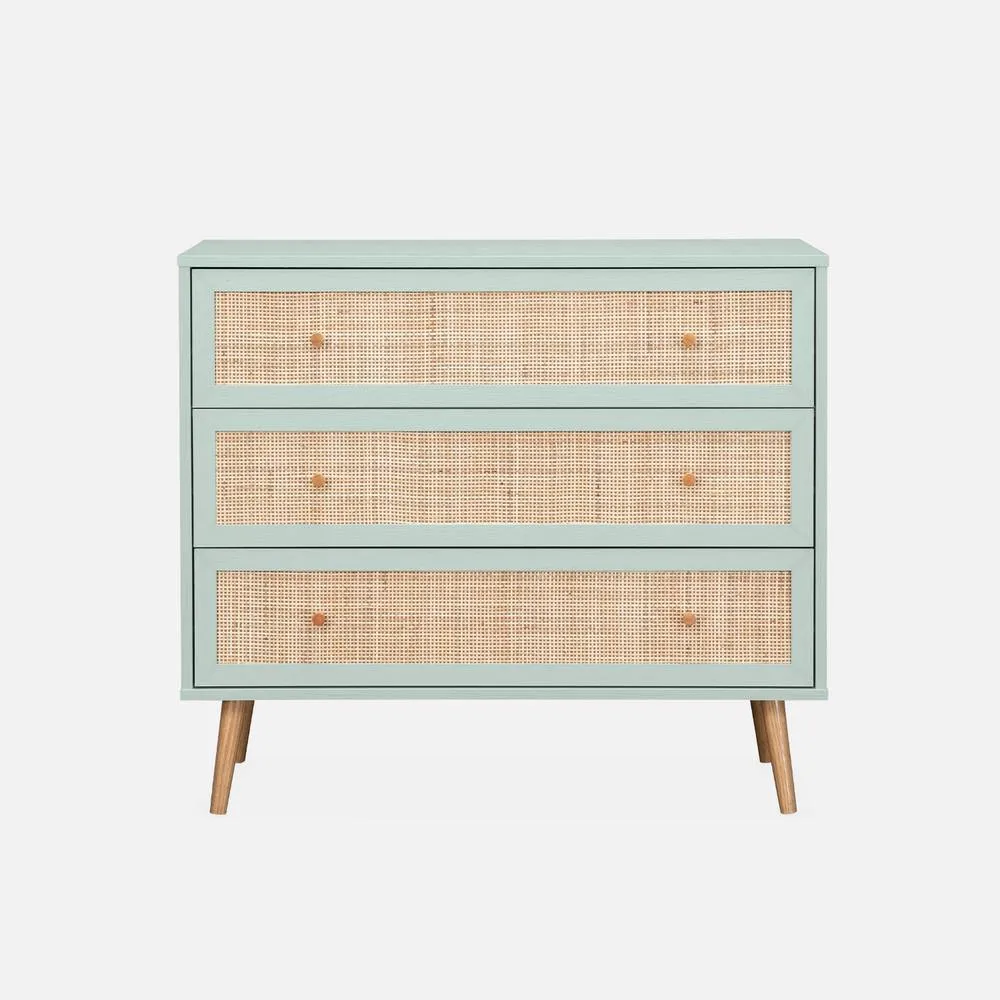 sweeek 3-drawer Chest With Wood & Cane Effect in Pale Green 2