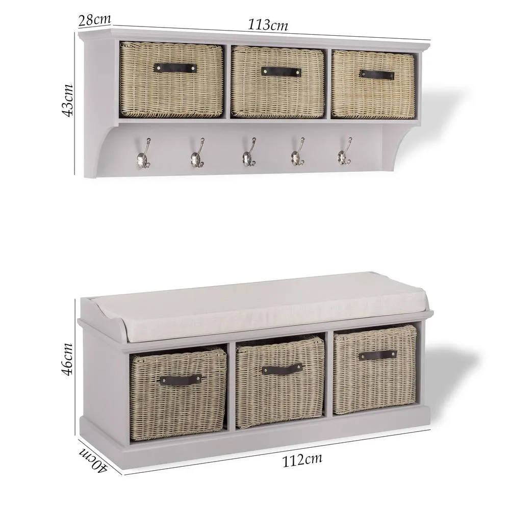 Statement Furniture Tetbury 3 Brown Faux Rattan Basket & Cream Cushion Hallway Set in Taupe 2
