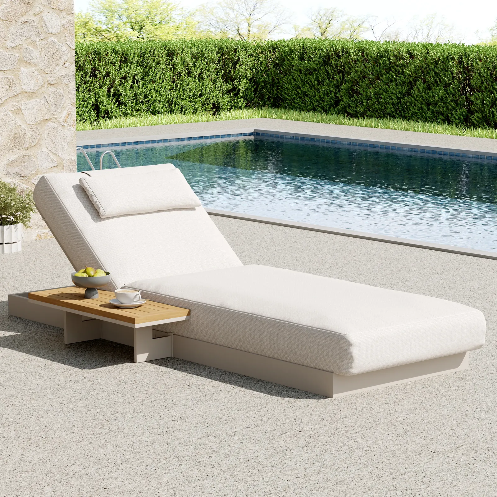 Axis Wood & Aluminum Outdoor Lounger Daybed Modern Yard & Patio Furniture in Warm White Cushion & Pillow Included (2000mm)