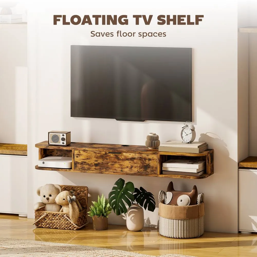 HOMCOM 120 cm Floating TV Unit with Flip Drawer & Shelves, Rustic Brown 4