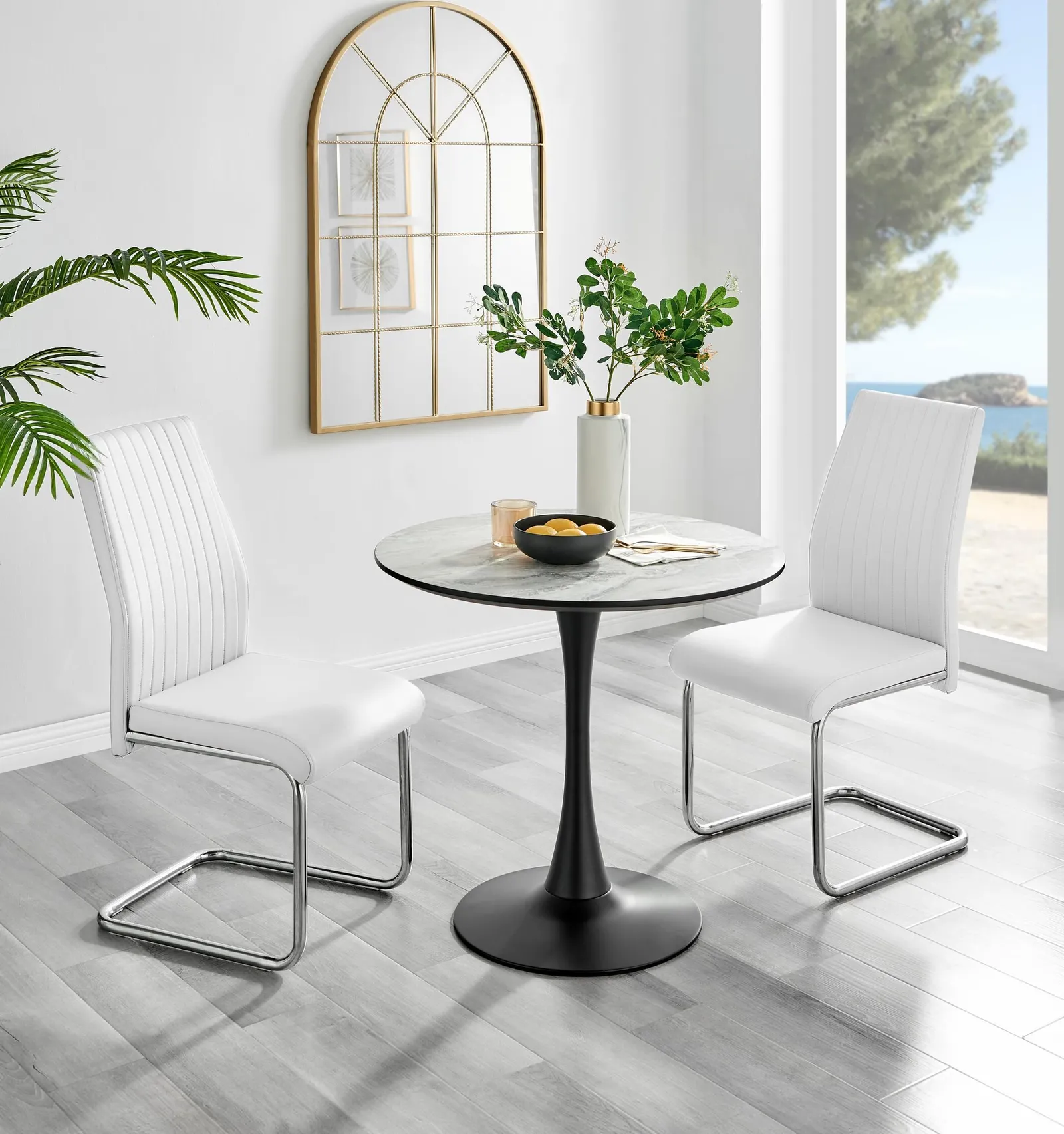 FurnitureboxUK Elina White Marble Effect Scratch Resistant Dining Table & 2 Lorenzo Faux Leather Chairs 1