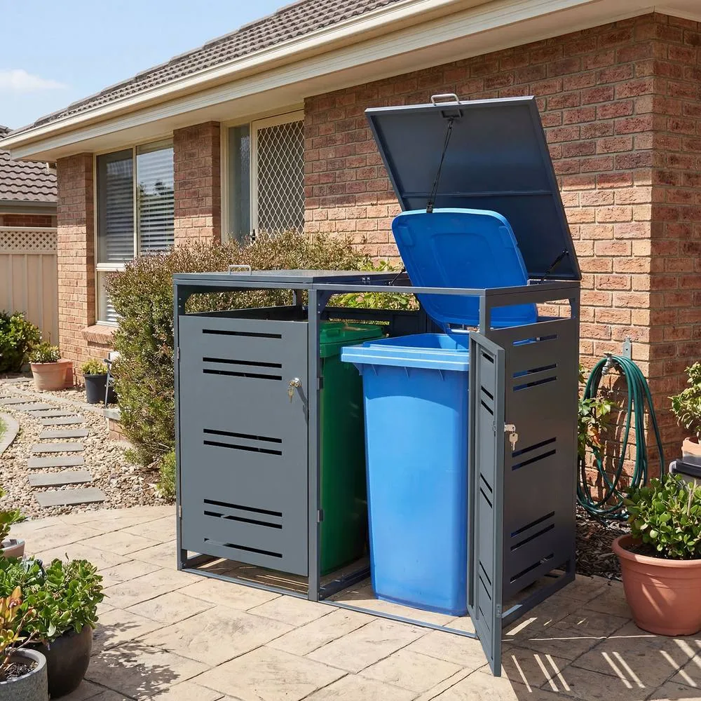 Costway Outdoor Garbage Bin Storage Shed Lockable Double Trash Can Enclosure in Grey 4