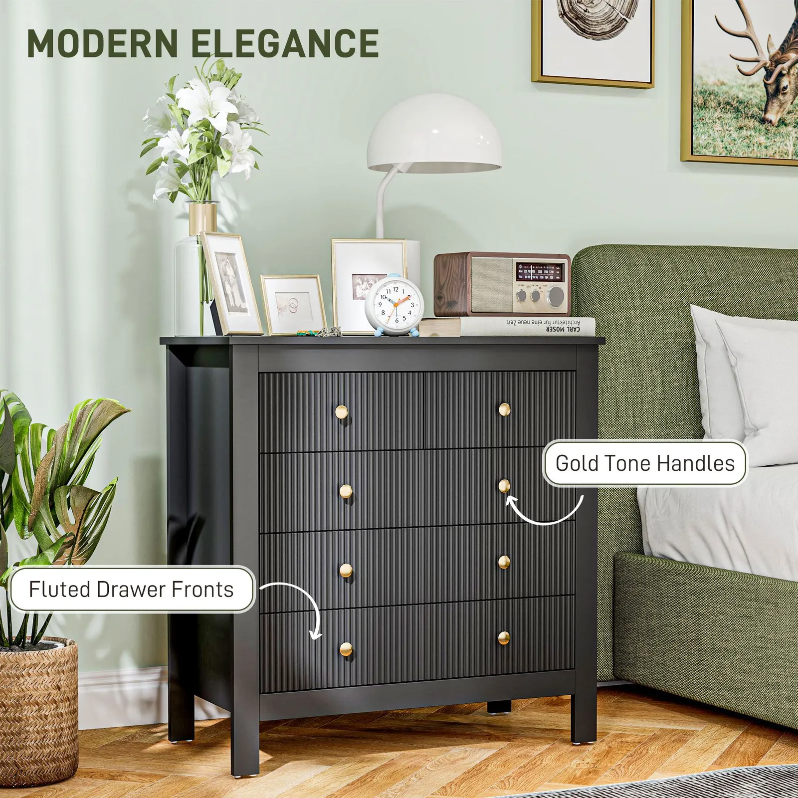 HOMCOM Fluted Bedroom Chest of Drawers w/ 5 Drawers Gold Tone Handles in Black 5